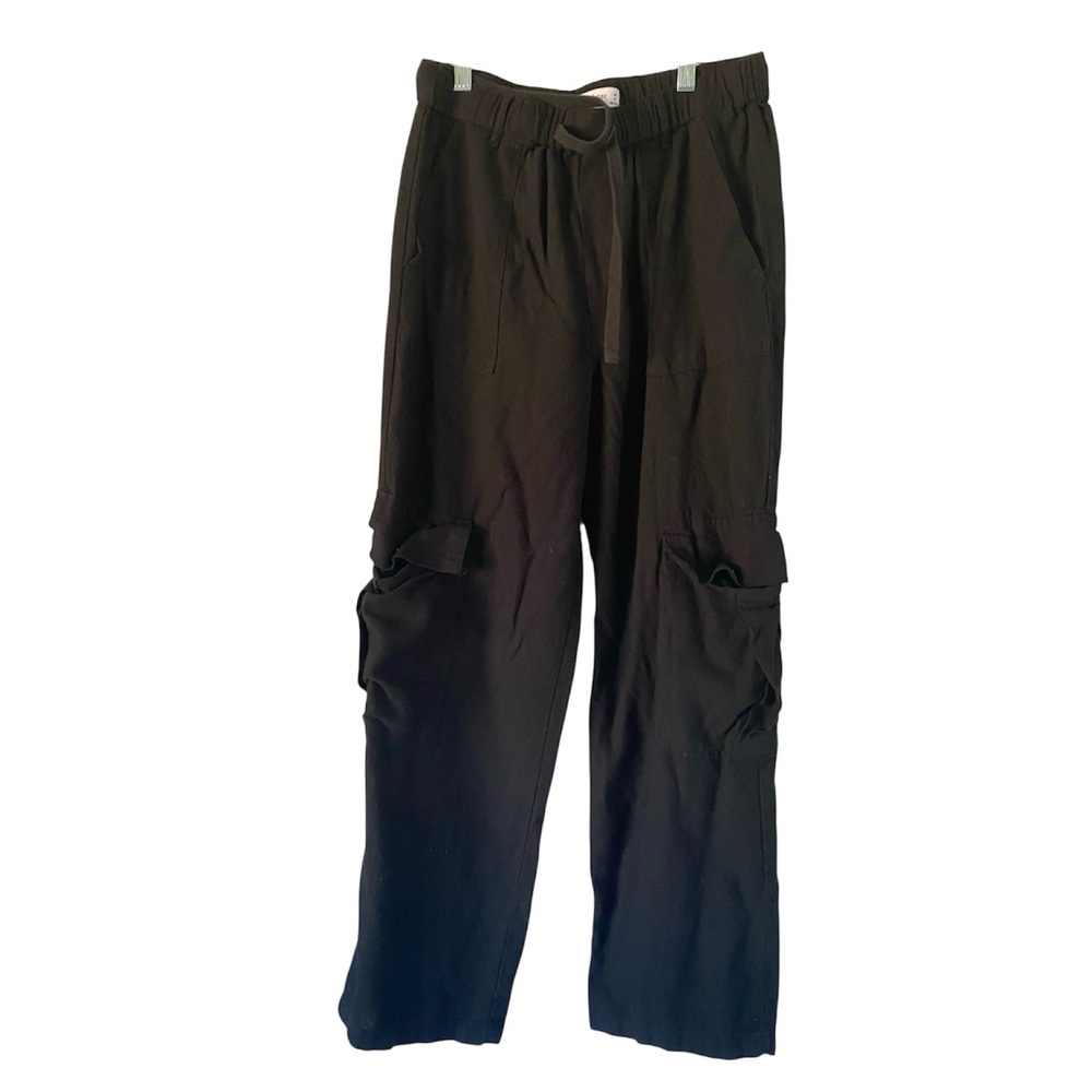 Vanilla Star Linen Blend  High Waist Wide Leg Cargo Lightweight Black Pants M